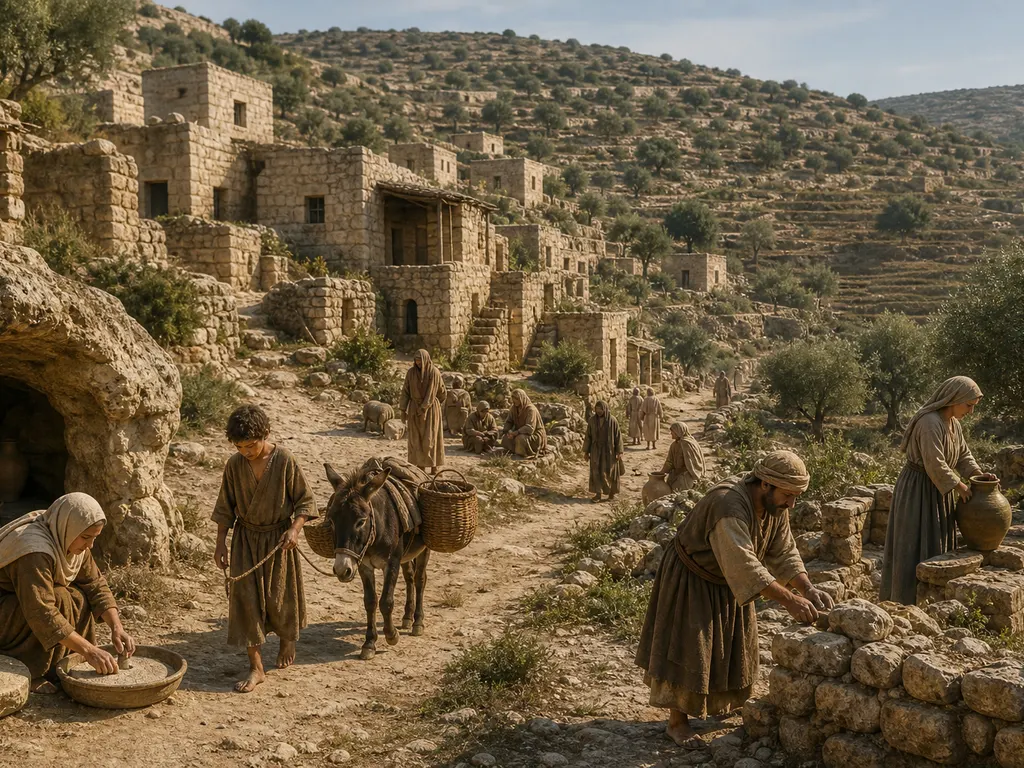 Reconstrução artística de uma pequena aldeia galileia com casas de pedra e moradores em atividades cotidianas