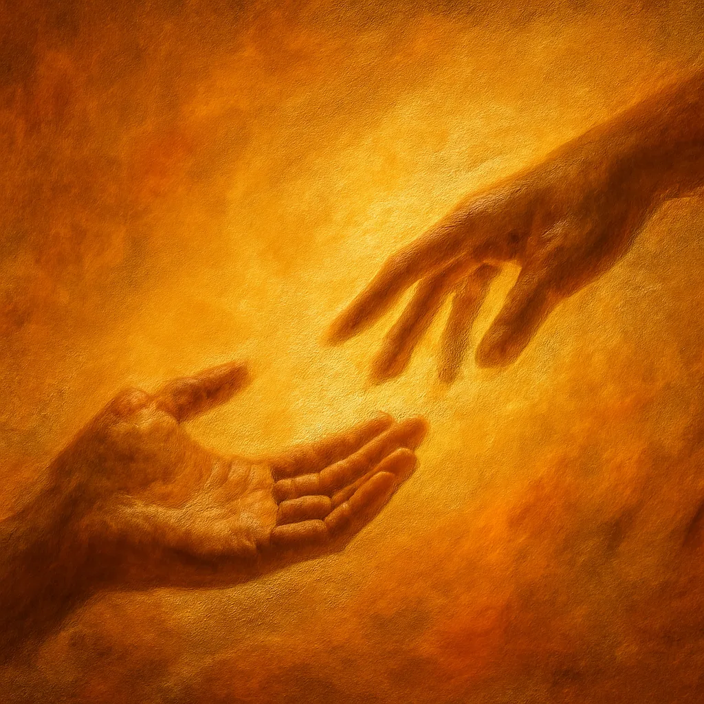 Duas mãos estendidas uma em direção à outra sobre fundo luminoso